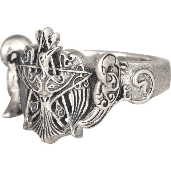 Silver Crescent Raven Pentagram Ring