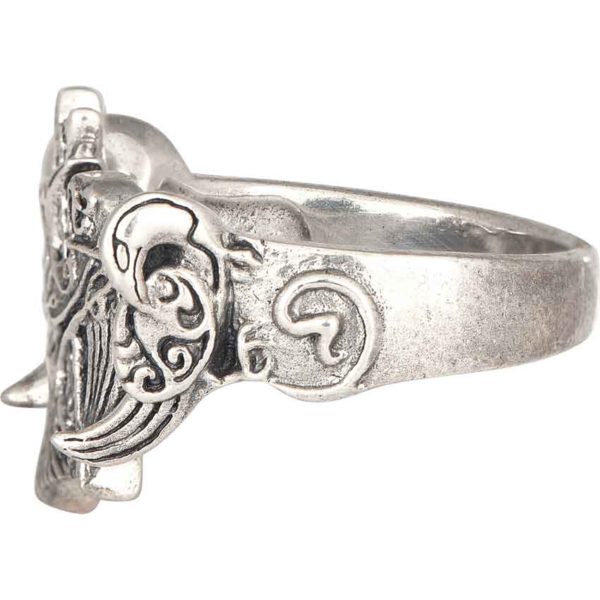 Silver Crescent Raven Pentagram Ring