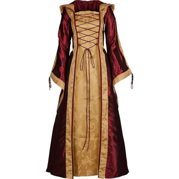 Hooded Renaissance Sorceress Gown - Burgundy and Gold