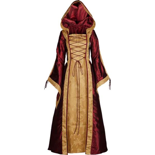 Hooded Renaissance Sorceress Gown - Burgundy and Gold