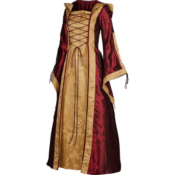 Hooded Renaissance Sorceress Gown - Burgundy and Gold