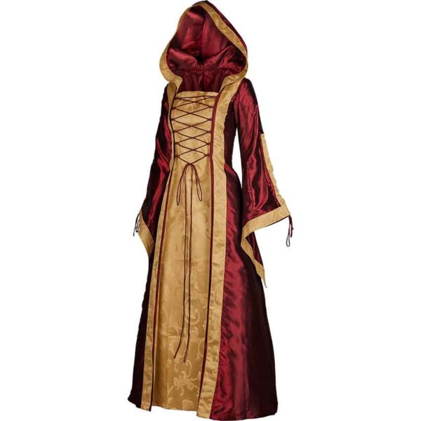 Hooded Renaissance Sorceress Gown - Burgundy and Gold