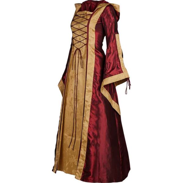 Hooded Renaissance Sorceress Gown - Burgundy and Gold