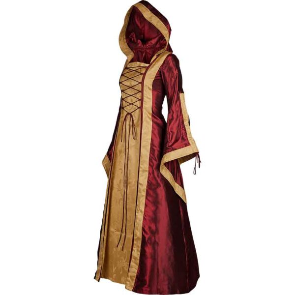 Hooded Renaissance Sorceress Gown - Burgundy and Gold