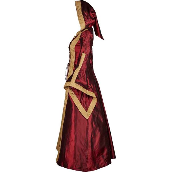 Hooded Renaissance Sorceress Gown - Burgundy and Gold