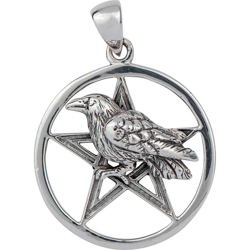 Raven Perched on Silver Pentacle Pendant - PS-TP1530 - Medieval