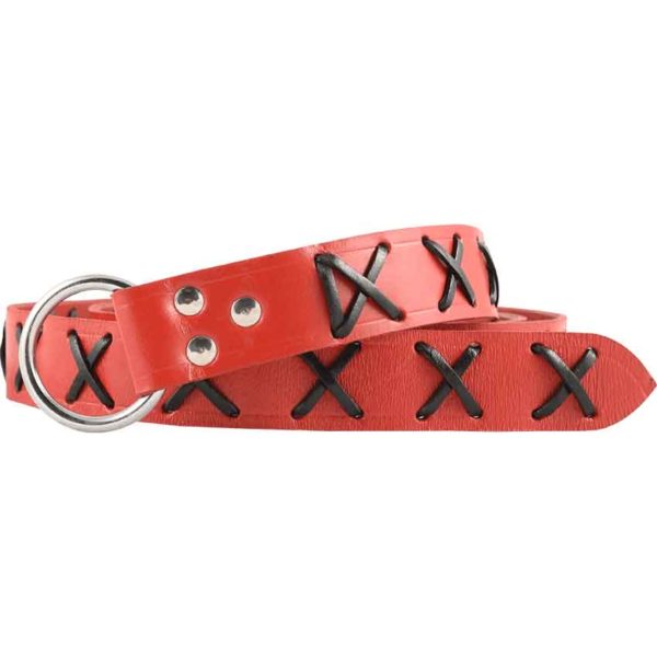 Laced Leather Ring Belt - Red with Black