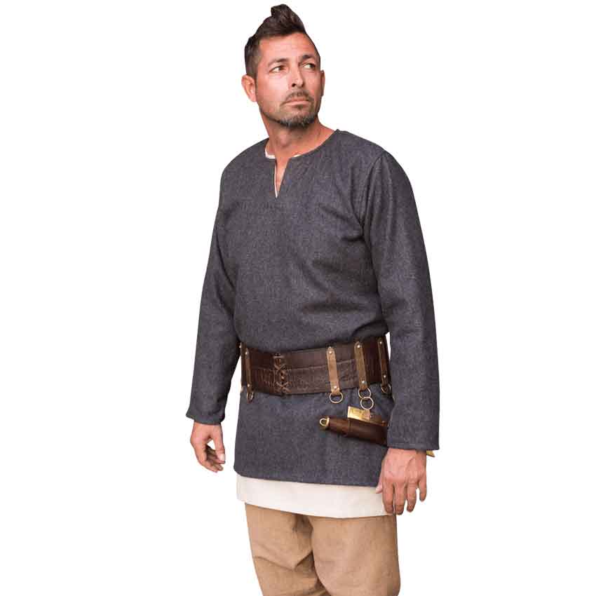 LARP Viking Tunic with Buttons - Two Tone Grey & Brown - Mohair Wool M