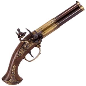 Triple Barrel Revolving Wood Grip Flintlock Pistol