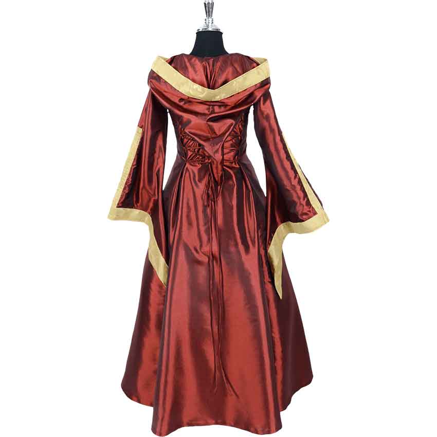 burgundy and gold gown