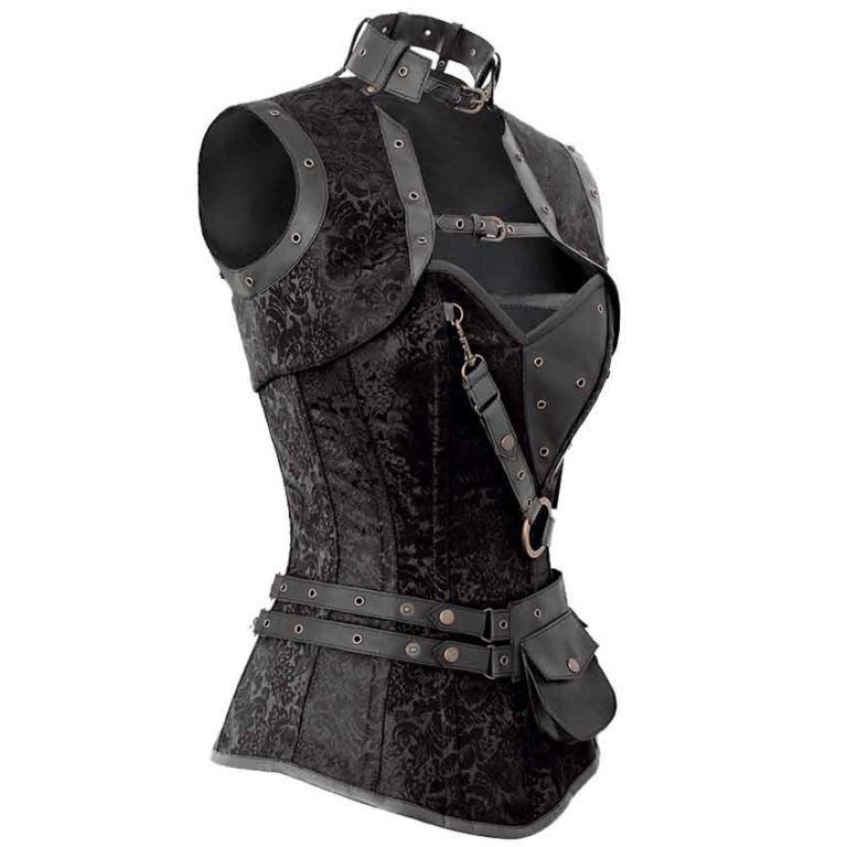 Steampunk Black Brocade Overbust Corset with Detachable Jacket