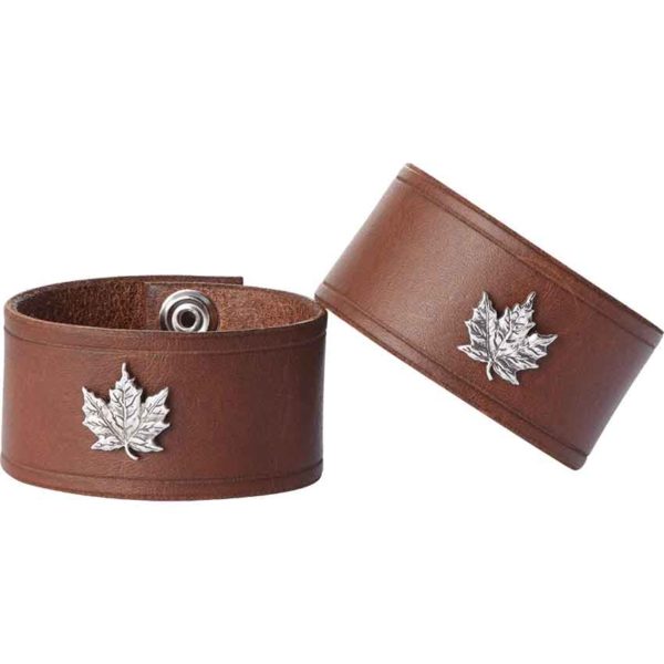 Leather Wrist Cuffs with Maple Leaf