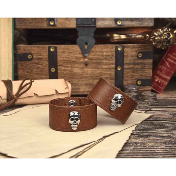 Leather Wrist Cuffs with Skull