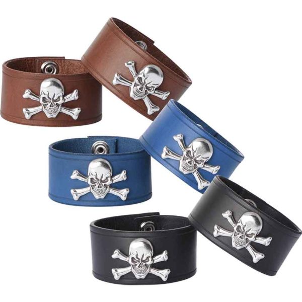 Leather Wrist Cuffs with Skull and Crossbones