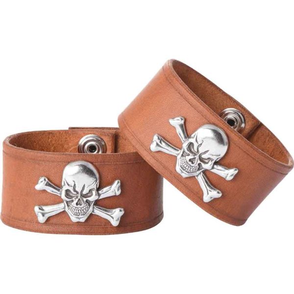 Leather Wrist Cuffs with Skull and Crossbones