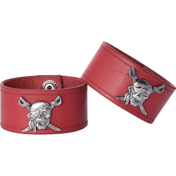 Leather Wrist Cuffs with Pirate Skull