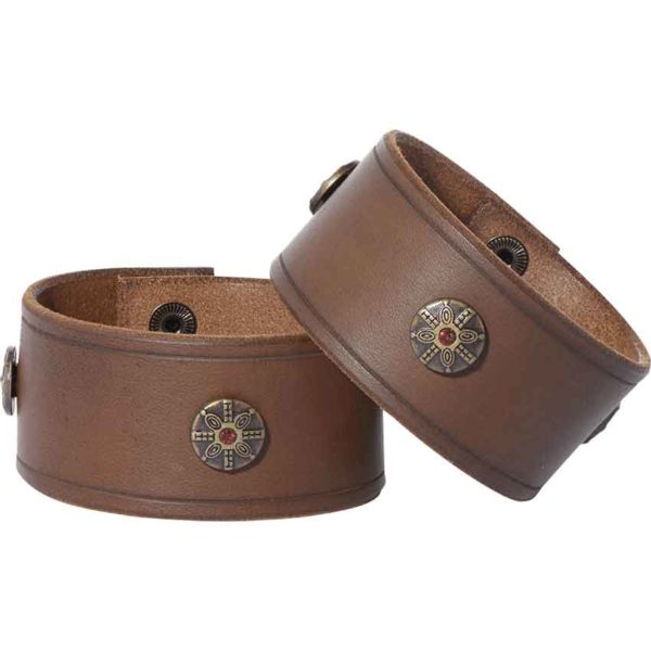 Leather Wrist Cuffs with Viking Shield