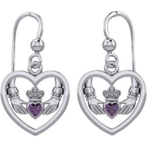 Gemstone Claddagh in Silver Heart Earrings