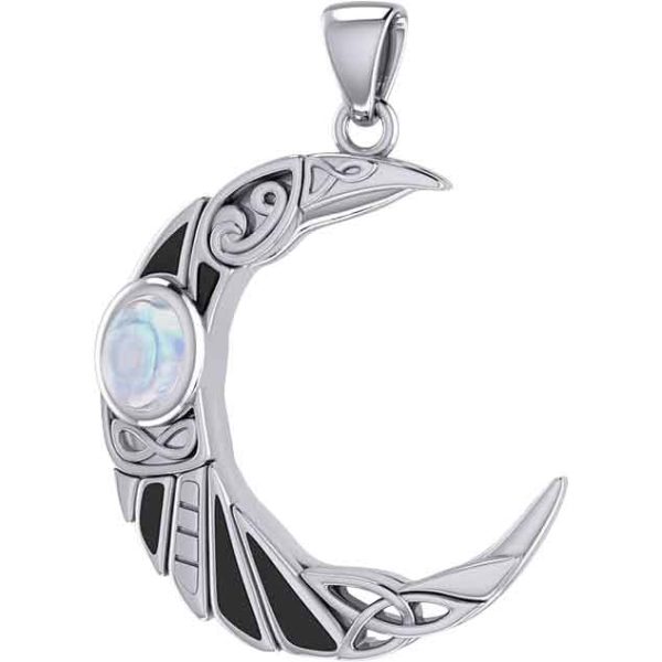 Silver Celtic Moon Raven with Gemstone Pendant