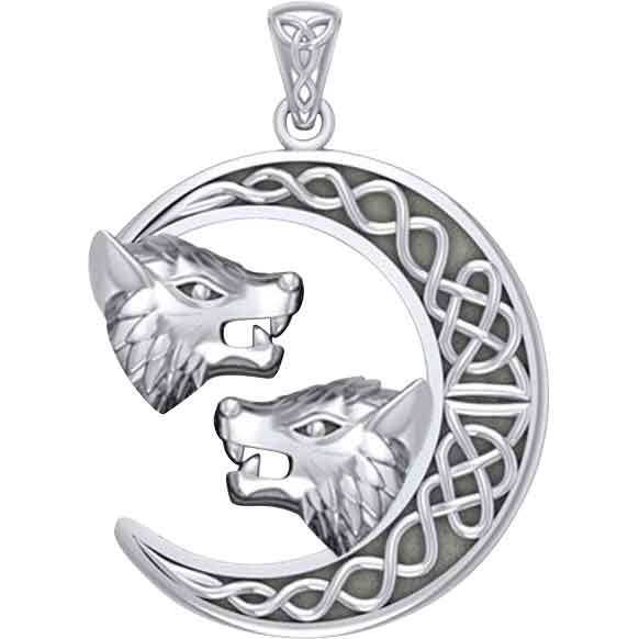 Silver Crescent Moon And Wolves Pendant