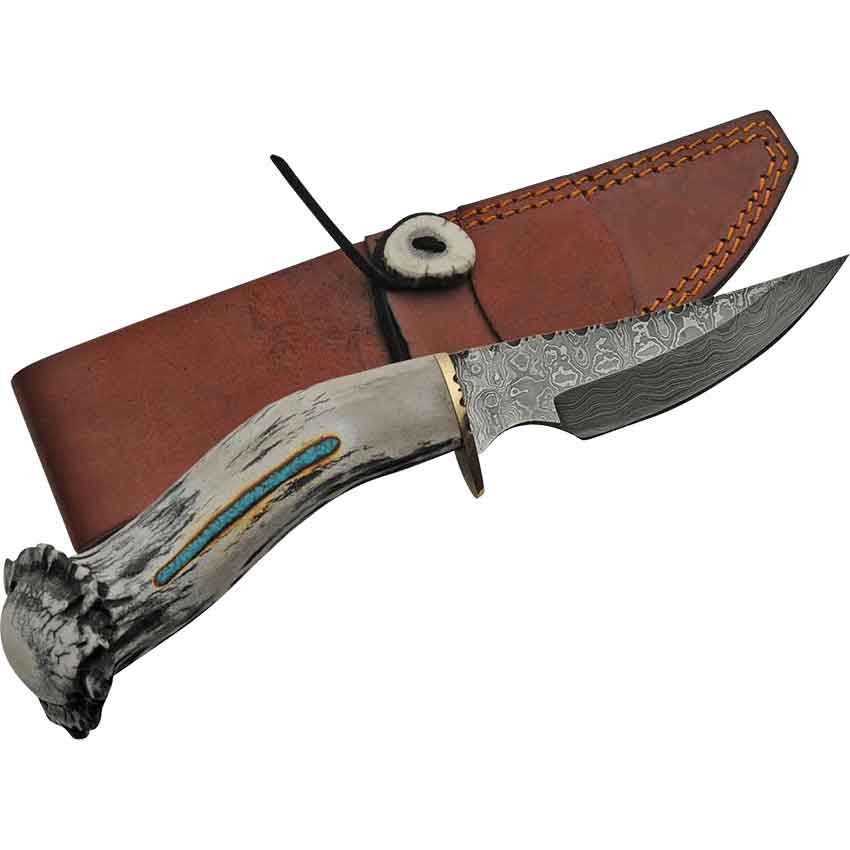 Deer Antler with Turquoise Layered-Steel Skinner