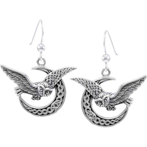 Silver Celtic Owl on Moon Earrings