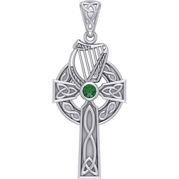 Silver Celtic Cross with Harp Pendant