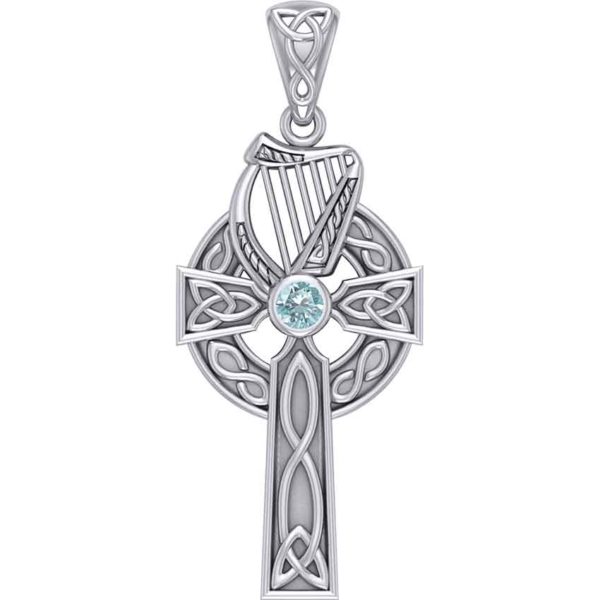 Silver Celtic Cross with Harp Pendant