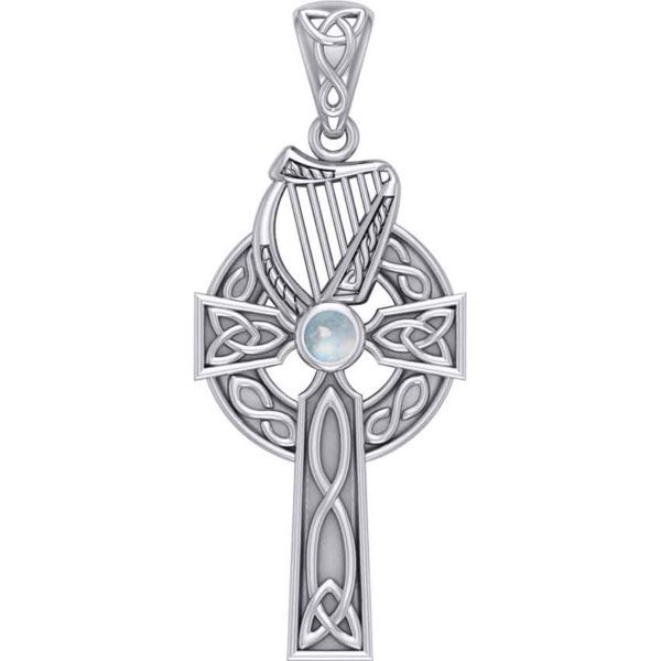 Silver Celtic Cross with Harp Pendant