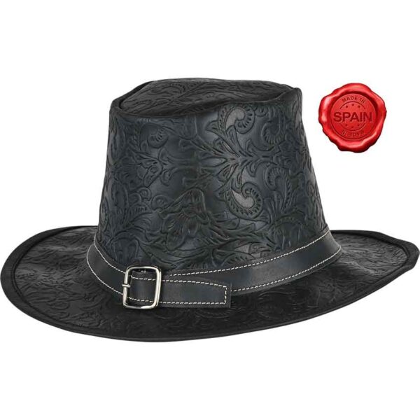 Handcrafted Embossed Leather Hat - Black