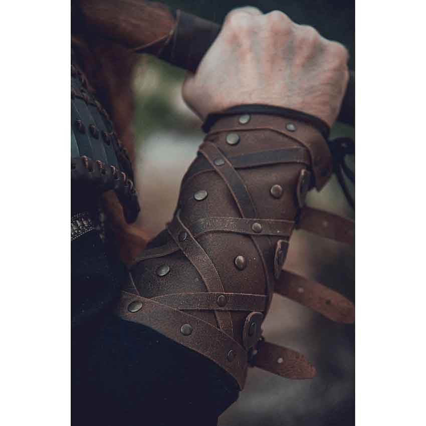 Viking Leather Bracers with Brass Accents