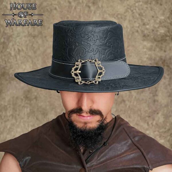 Embossed Leather Wide Brim Hat - Black