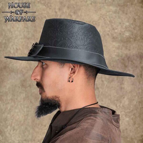 Embossed Leather Wide Brim Hat - Black