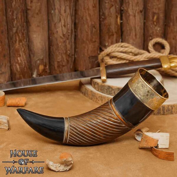 Engraved Drinking Horn with Brass Rim