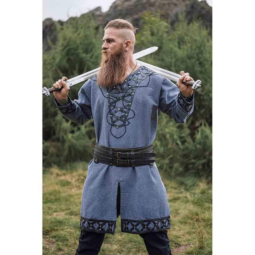 Viking Tunic With Genuine Leather Applications Blue -  Hong Kong