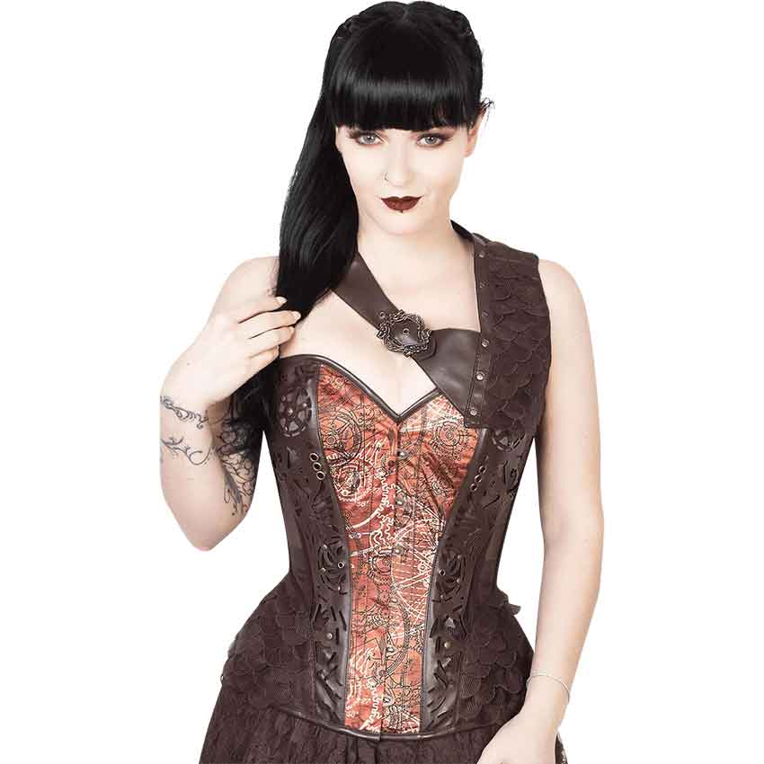 Steampunk Print Overbust Corset with Mesh Shoulder