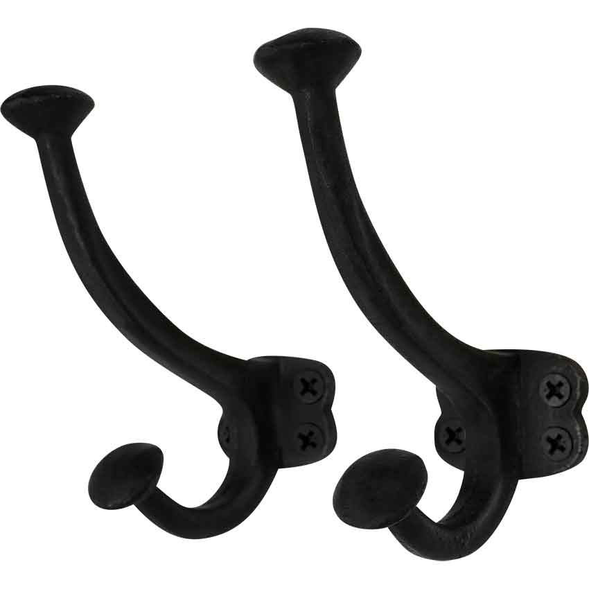 Sakega Rustic Cast Iron Wall Hooks, Heavy Duty Retro Utility Hooks for Hanging Coat, Bag, Towel, Robe, Hat and More, Pack of 2, Black