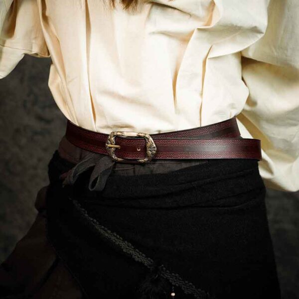 Medieval Leather Belt with Knotwork Borders - Maroon