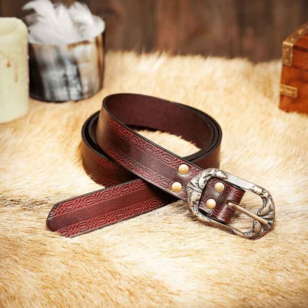 Medieval Leather Belt with Knotwork Borders - Maroon