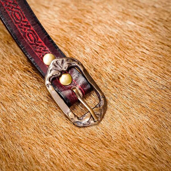 Medieval Leather Belt with Embossed Knotwork - Maroon