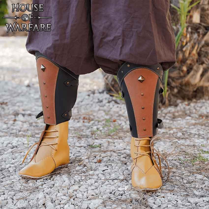 Fantasy Mongolian Soldier Leather Greaves - Black