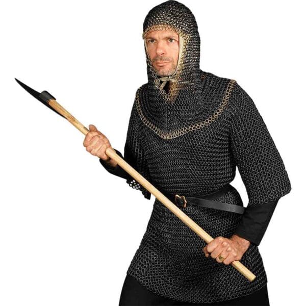 Brass Trim Blackened Steel Chainmail Coif