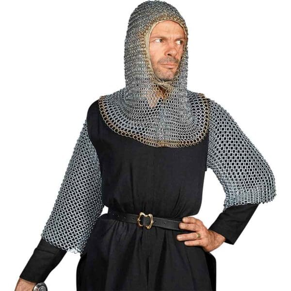 Brass Trim Polished Steel Chainmail Coif